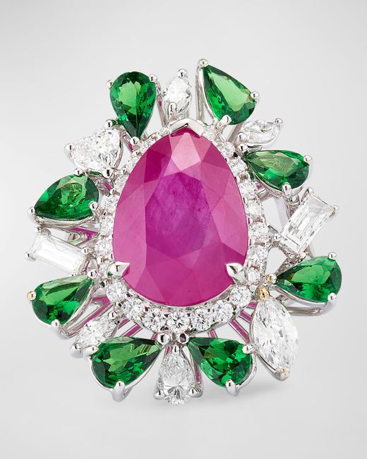 Alexander Laut Pink 18K Ruby, Diamond And Tsavorite Ring, Size 6.5