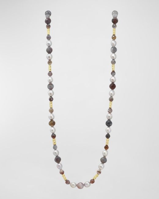Armenta White 18k Yellow Gold Necklace With Botswana Agate And Pearls