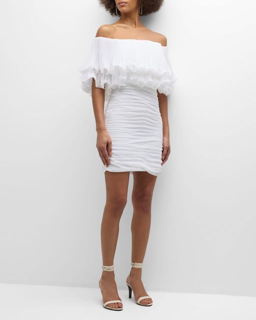 Emanuel Ungaro White Milan Ruched Off-Shoulder Ruffle Mini Dress