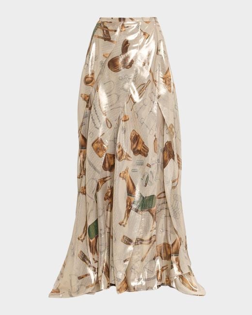 Ralph Lauren Natural Patricia Equestrian-Print Lamé Maxi Skirt
