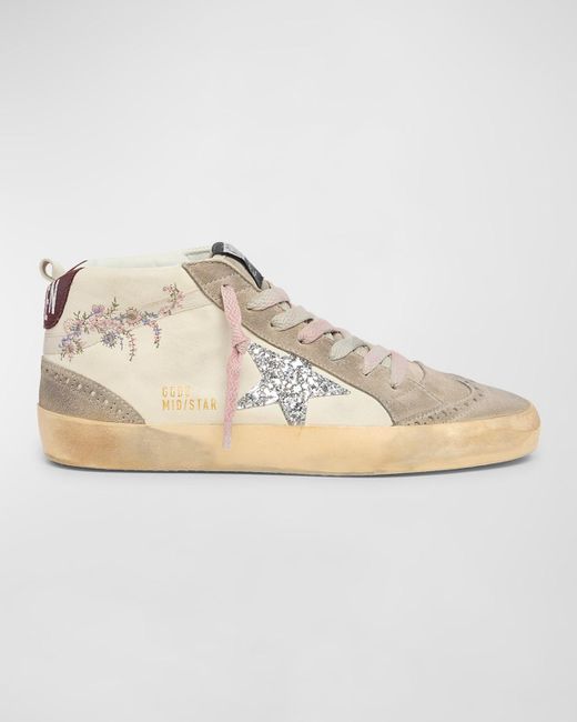 Golden Goose Deluxe Brand Natural Midstar Mixed Leather Glitter Mid-Top Sneakers