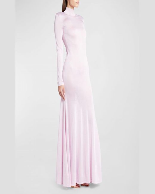 Tom Ford Pink Turtleneck Strong-Shoulder Long-Sleeve Slinky Jersey Maxi Dress