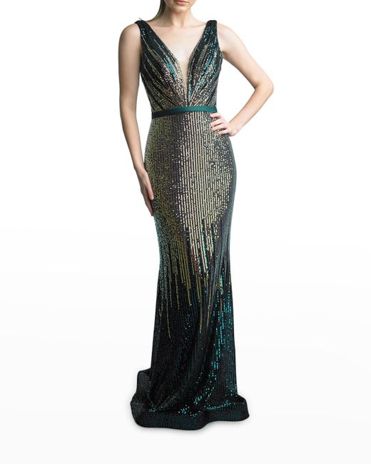 Basix Black Label Green Sleeveless Ombre Sequin Gown