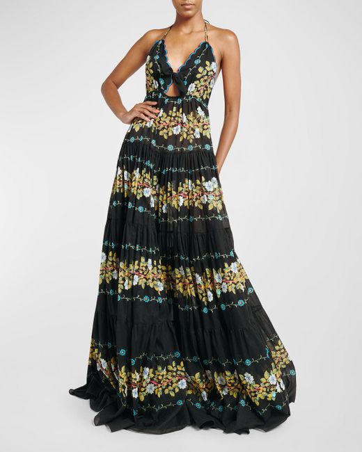 Etro Green Tiered Embroidered Sangallo Lace Halter Gown