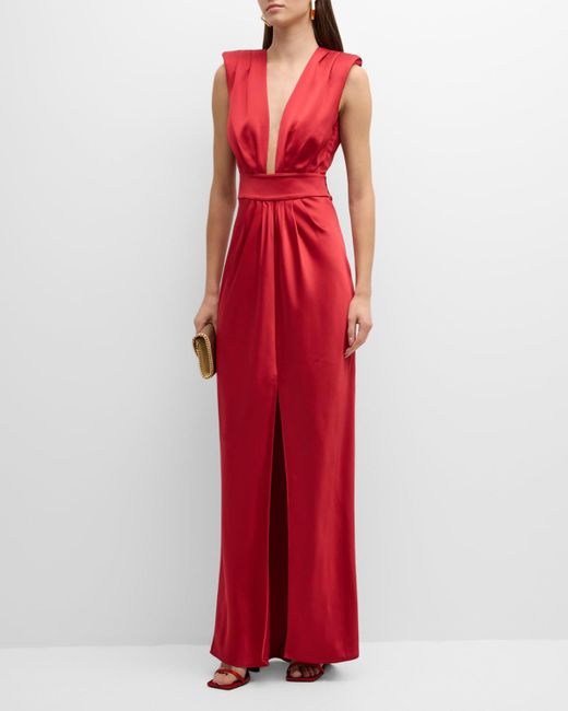 Ramy Brook Red Quinn Pleated Deep V-Neck Satin Gown