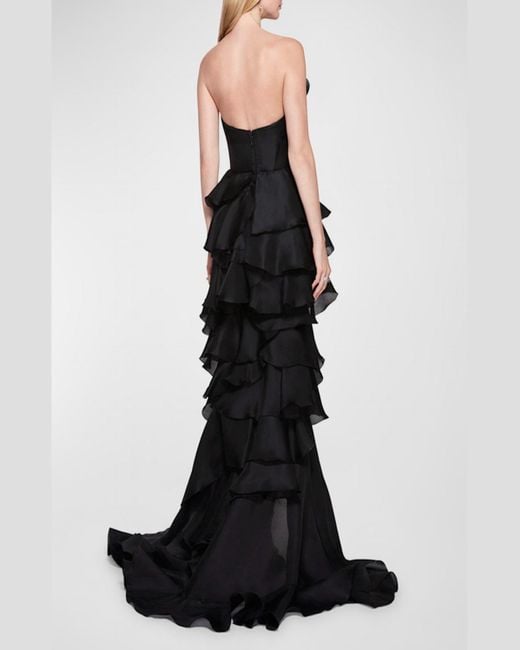 Marchesa Black Strapless Tiered Ruffle Petal Gown