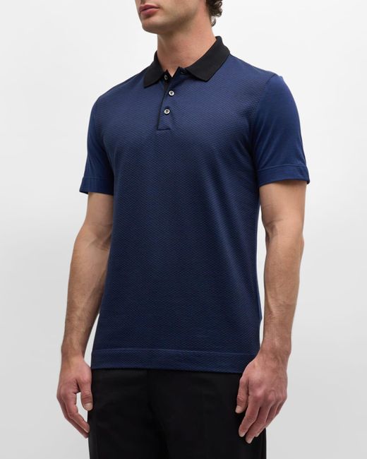Boss Blue Structured Cotton Silk Short-Sleeve Polo Shirt for men