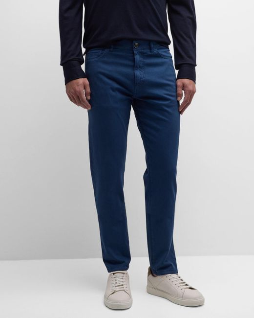 Isaia Blue Cashmere-Cotton Slim 5-Pocket Pants for men