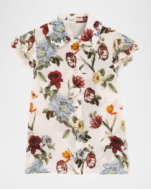 Alice + Olivia White Martel Flutter-Sleeve Blouse
