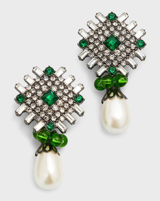 Kenneth Jay Lane Green Crystal Top With Pearly Drop Clip Earrings