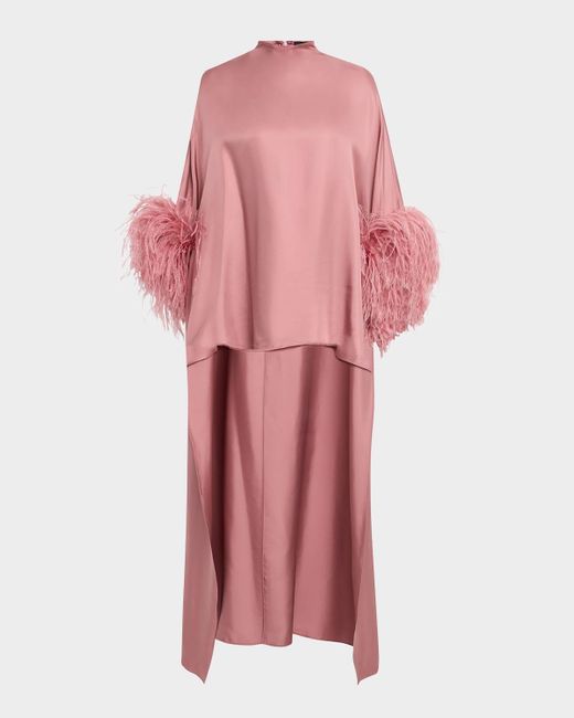 LAPOINTE Pink Feather-Trim Silk Twill Mock-Neck High-Low Top