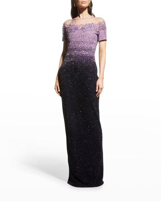 Pamella Roland Multicolor Floral Sequin Embellished Ombre Illusion Gown