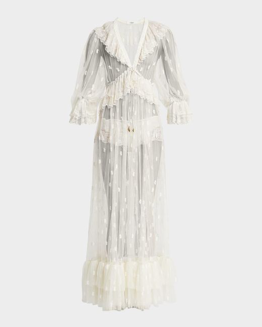 Chloé White Long Lace Ruffled Drawstring Dress