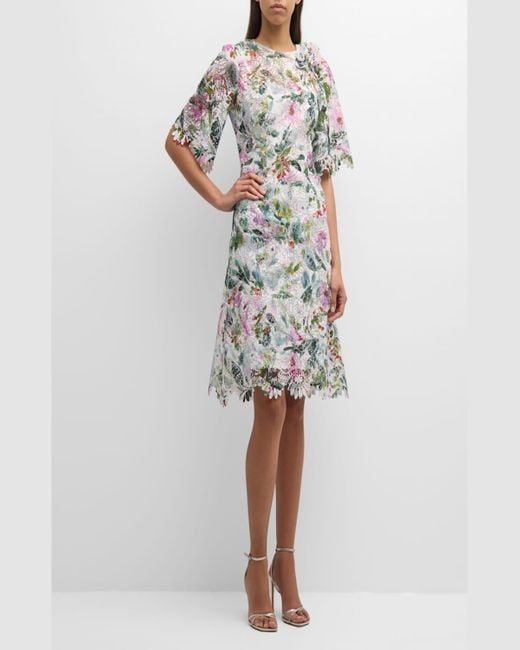 Teri Jon White Scalloped Floral-Print Lace Midi Dress