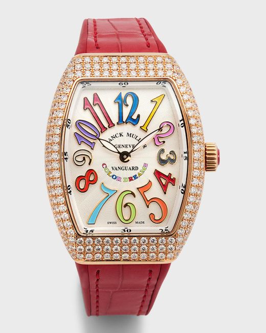 Franck Muller Pink 35mm 18k Rose Gold Vanguard Color Dreams Diamond Watch With Red Alligator Strap