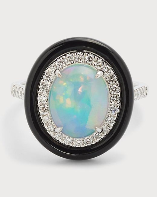 David Kord Gray 18k White Gold Ring With Opal Oval, Diamonds And Black Frame, 2.16tcw, Size 7