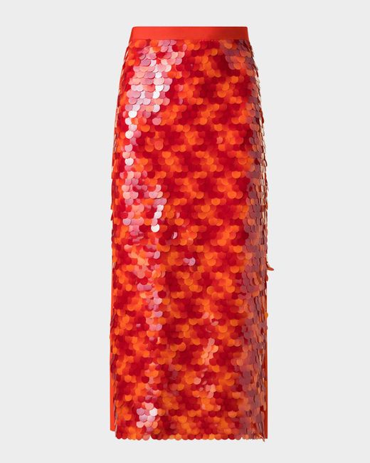 Akris Punto Red Mix Media Lasercut Dot Sequined Midi Skirt