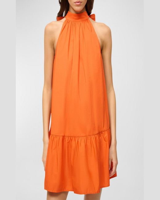 Staud Orange Marlowe Tie-Neck Mini Cotton Poplin Dress