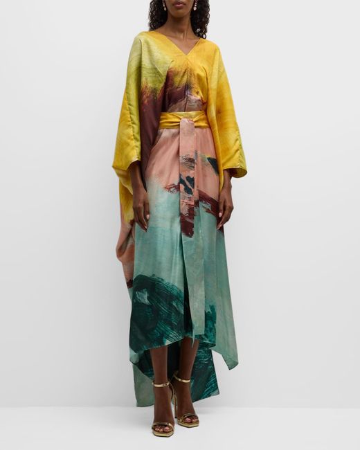 Oscar de la Renta Green Abstract-Print V-Neck Bracelet-Sleeve Silk Twill Caftan Dress