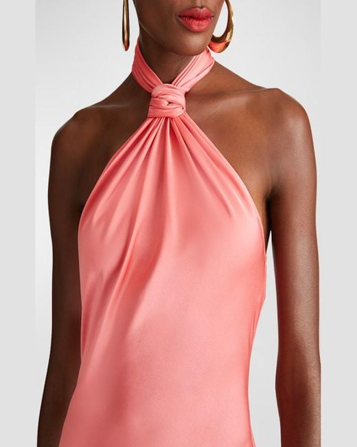 Halston Heritage Pink Emi Twist-Front Satin Halter Gown