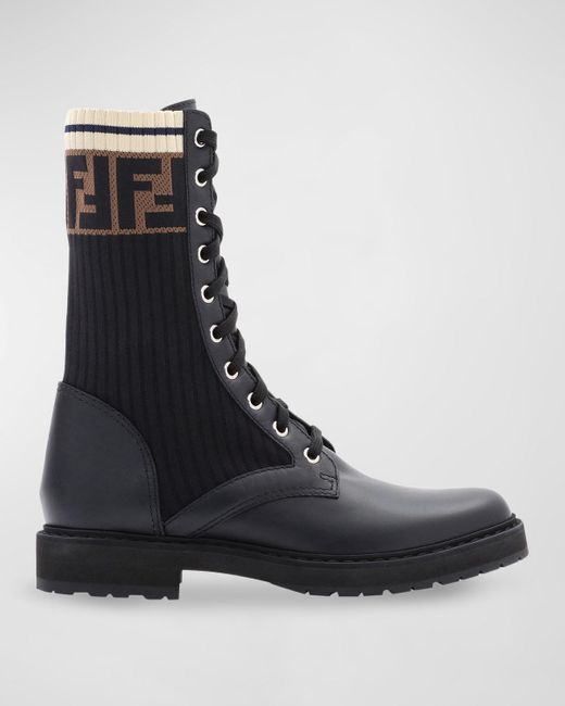 Fendi Black Rockoko Leather & Knit Combat Boots