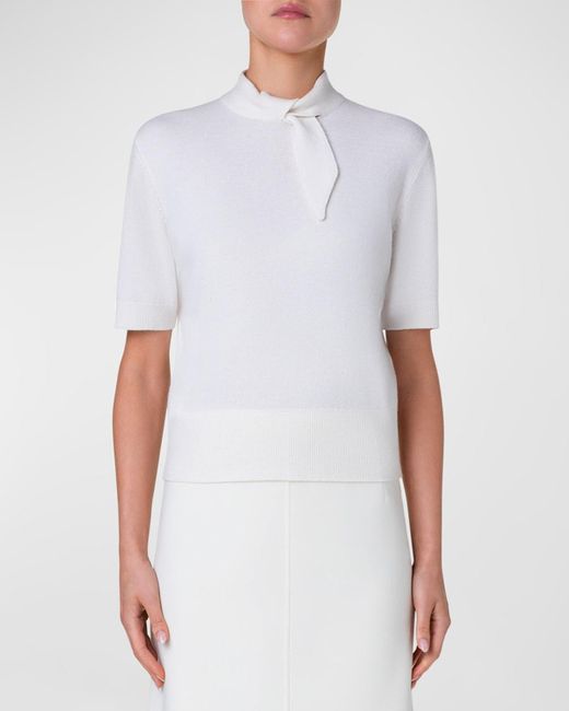 Akris White Cashmere Short Pullover With Knot Detail