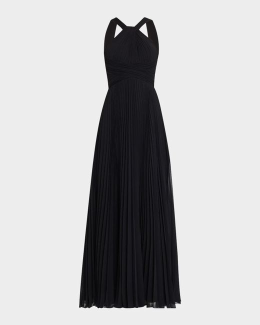 Teri Jon Black Pleated Twist-Front A-Line Halter Gown