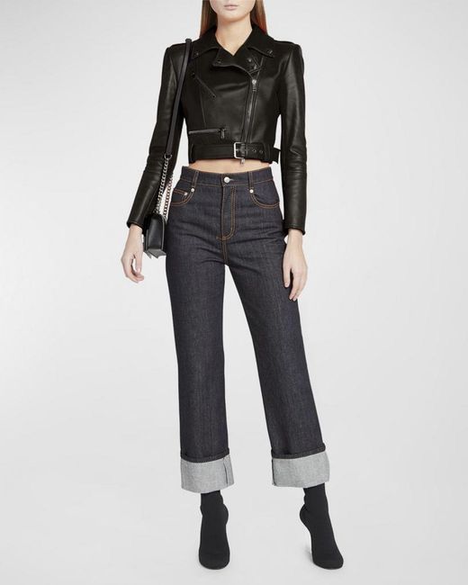 McQueen Black Cropped Leather Biker Jacket