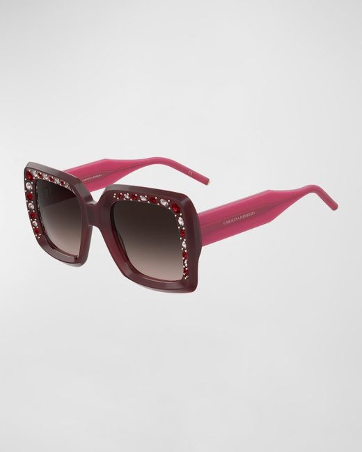 Carolina Herrera Brown Embellished Beveled Acetate Square Sunglasses