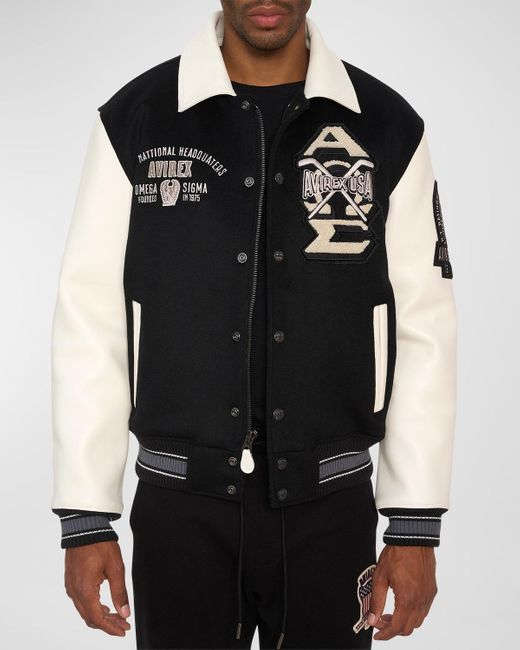 Avirex Black Omega Wool Leather Varsity Jacket for men