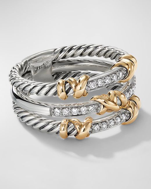 David Yurman Metallic Petite Helena Three Row Wrap Ring With Pavé Diamonds And 18k Gold, 12mm