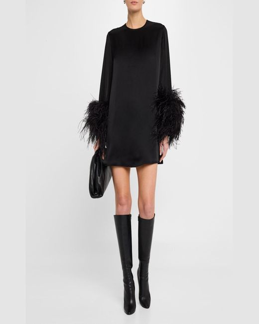 LAPOINTE Black Double-Face Satin Shift Dress With Ostrich Feathers