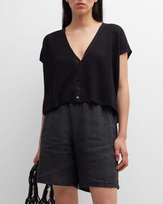 Eileen Fisher Black Ribbed Button-Front Short-Sleeve Cardigan