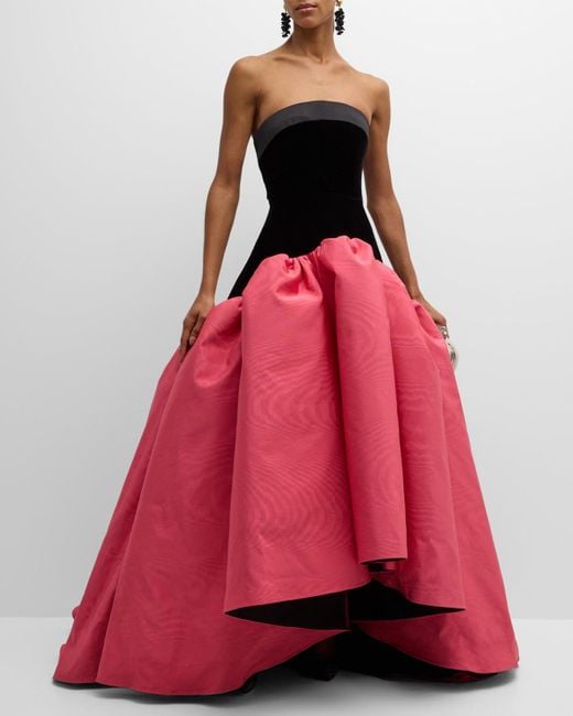 Bach Mai Red Sculptural Volant Drop-waist Strapless Gown