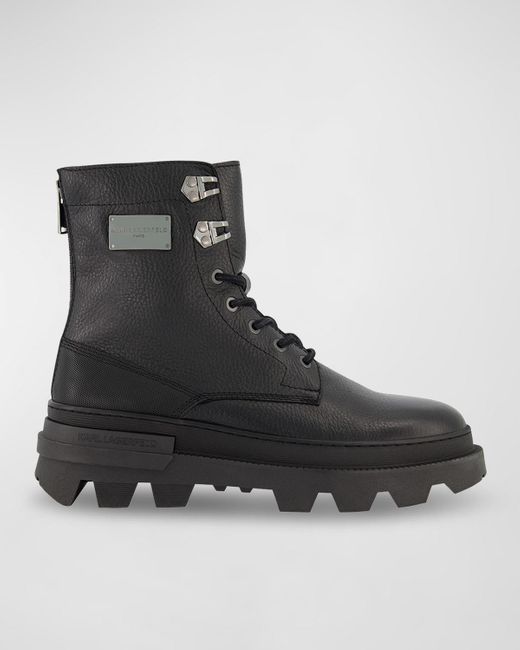 Karl Lagerfeld Black Tumbled Leather Lug Sole Work Boots for men