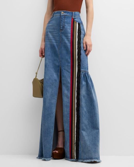Hellessy Blue Sekiko Striped Ribbon Fringe Slit-Front Maxi Denim Skirt