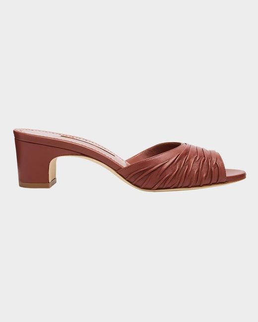 Manolo Blahnik Brown Ruched Leather Slide Sandals