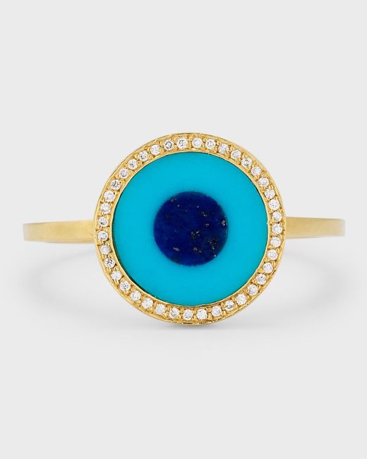 Jennifer Meyer Blue 18k Yellow Gold Turquoise And Lapis Evil Eye Ring, Size 6.5