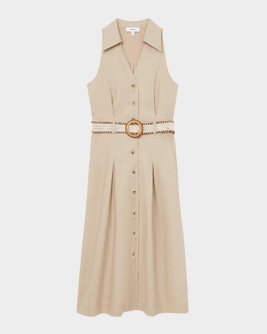 Reiss Natural Annie Pleated Button-Down Linen Midi Dress