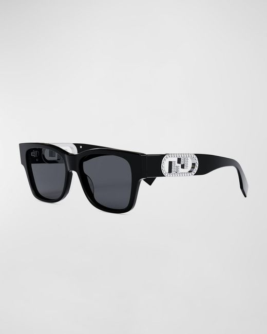 Fendi Black Embellished O'clock Logo Acetate Rectangle Sunglasses
