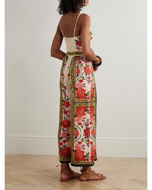 Farm Rio White Wonder Rio Belted Embellished Printed Linen Jumpsuit
