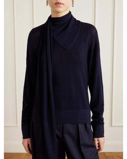 Maria McManus Blue Scarf-Detailed Ribbed Merino Wool Sweater