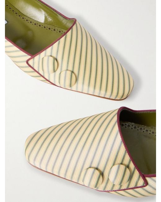 Manolo Blahnik Natural Fontenai Grosgrain-Trimmed Striped Satin Flats