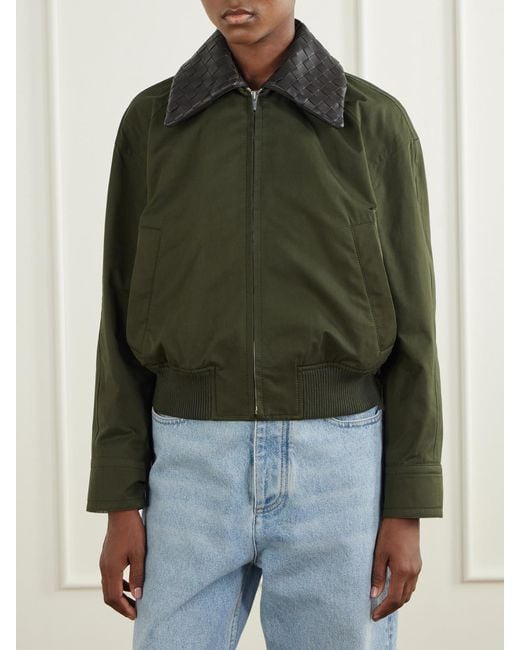 Bottega Veneta Green Intrecciato Leather-Trimmed Cotton-Twill Jacket