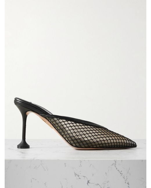 Aquazzura Black Bisous 85 Mules Mit Spitzer Kappe Aus Mesh Mit Lederbesätzen