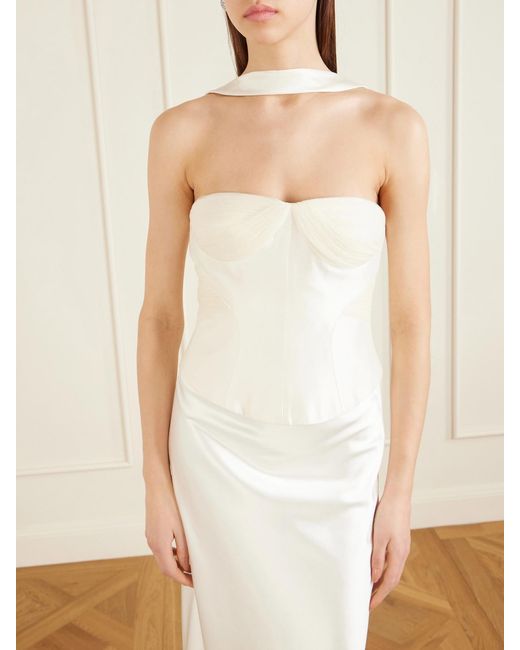 Danielle Frankel White Viola Gathered Draped Tulle-Trimmed Wool And Silk-Blend Twill Top
