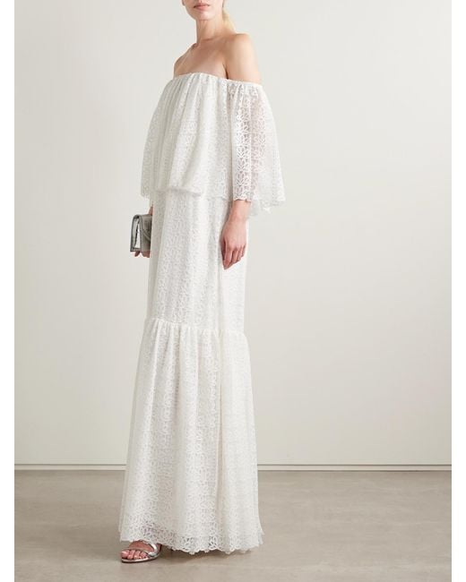 Dima Ayad White Off-The-Shoulder Tiered Metallic Lace Maxi Dress