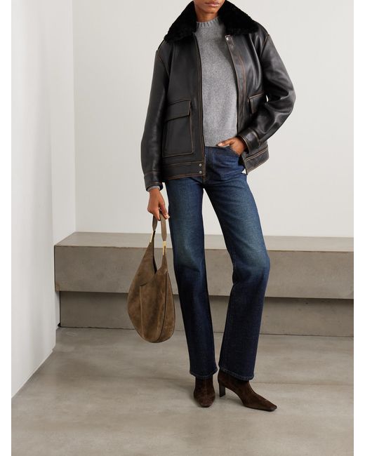 Nour Hammour Black Drey Distressed Shearling-Trimmed Leather Jacket