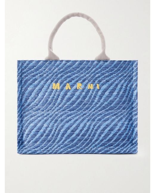 Marni Blue Basket Small Jacquard Raffia-Effect Tote