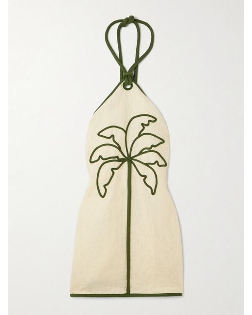 Farm Rio Natural Appliquéd Linen Halterneck Mini Dress